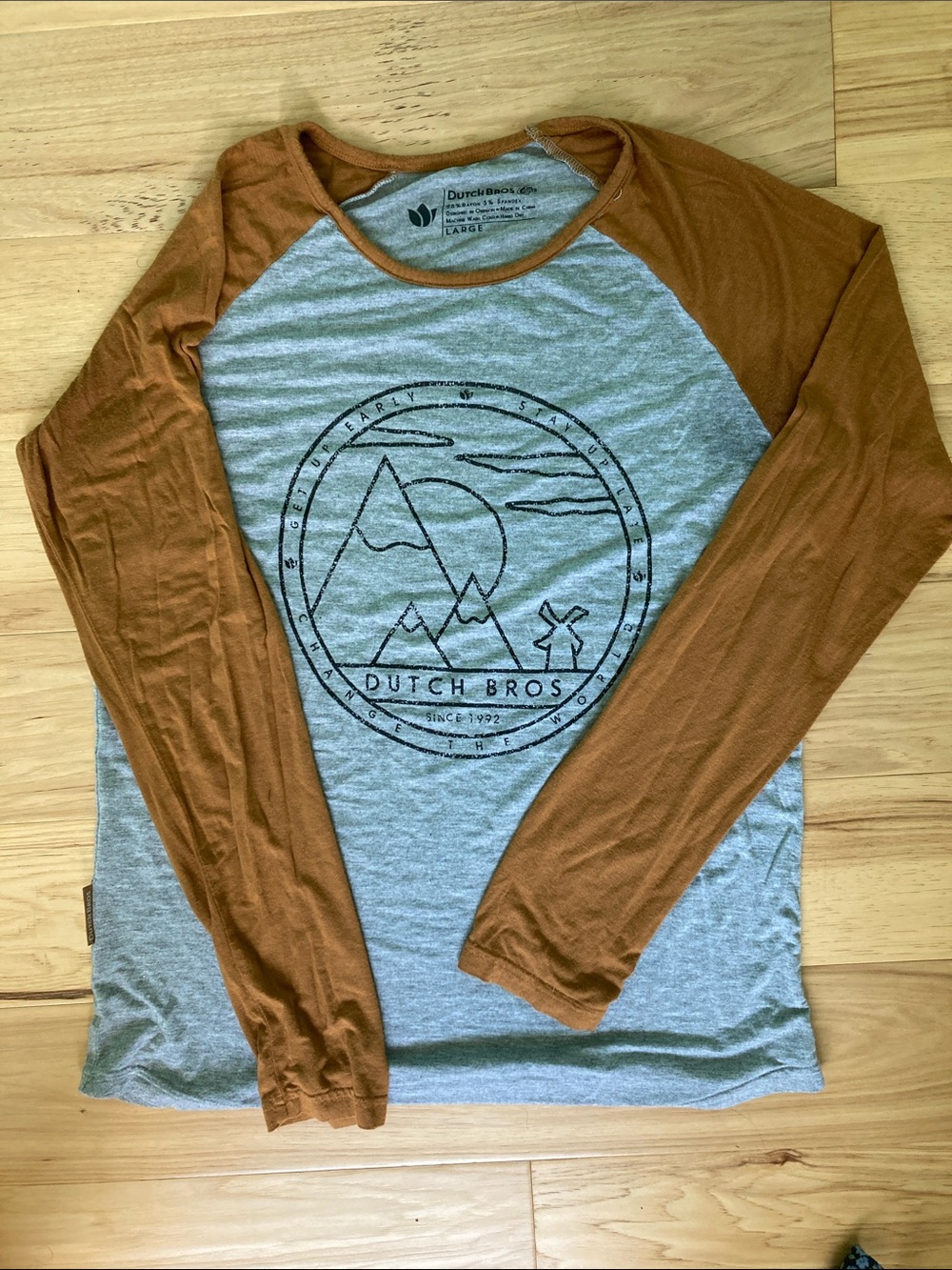 Dutch Bros super soft Long-Sleeve Shirt - Rust Sleeves & Heather Gray Body